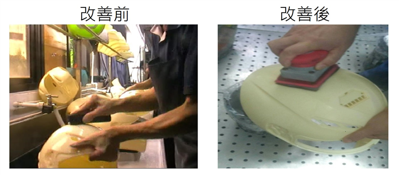 改善前_人工用手清洗安全帽外殼；改善後_引進氣動打磨，現磨合模線29秒，自動打磨後減少到20秒，產能提升45%