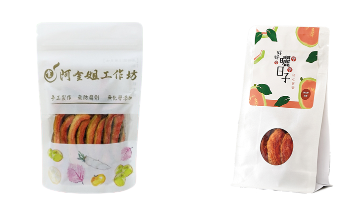 左圖：紅心芭樂乾原品牌「阿金姐工作坊」販售包裝，行銷強調「手工製作」、「無防腐劑」、「無化學添加」，單包裝份量大，販售單價較高。 右圖：紅心芭樂乾新品牌「好好曬日子」販售包裝，產品意象為「害羞的我，365個紅紅日子都想在你身邊」及「無化學添加」，單包裝份量小，販售單價較低。