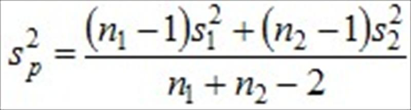 其中和是樣本平均值，n1和n2是樣本數， 是共同變異數（common variance） 的估計量