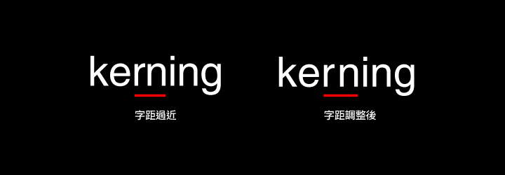 kerning這7個英文單字，如果拆成一個一個字母來看，其中的r跟n如果靠得太近，就會變成m，在閱讀上馬上變成另一個字意，這正是字距調整的重要性。