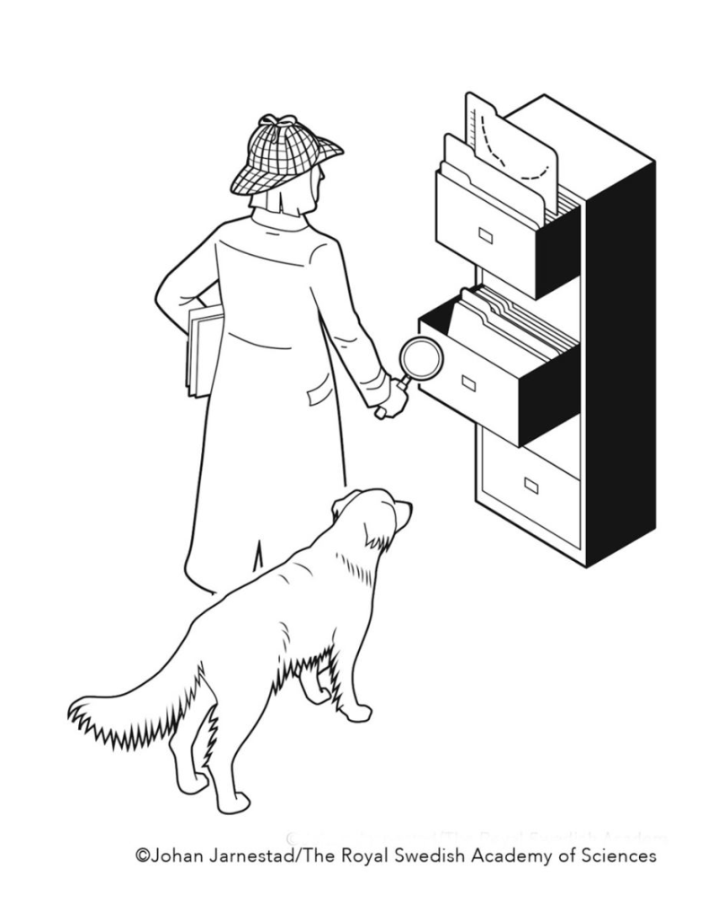 「戈丁教授牽著她的狗，拿著放大鏡，寒冬中孤獨一人，往哈佛大學圖書館查閱資料。」