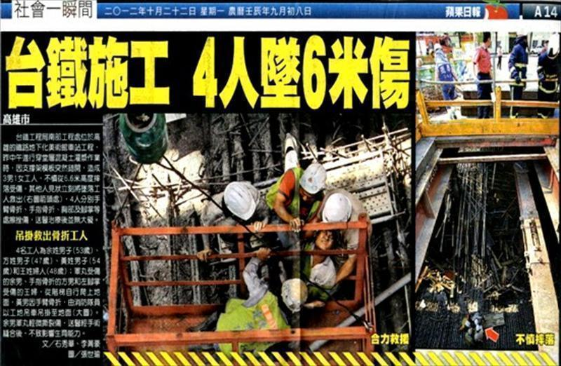 2012/10/22台鐵工程局南部工程處興建鐵路地下化美術館車站工程，因進行混泥土灌漿作業，作業過程中因產生震動及重壓，致模板支撐結構不穩，後造成3男1女勞工，不慎從六米六工作台摔落受傷。
