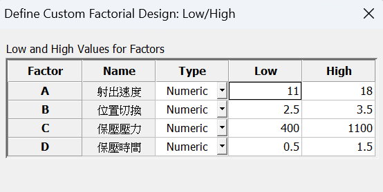 因子高、低水準設定