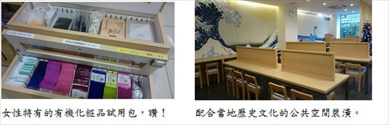 女性特有的有機化妝品試用包；配合當地歷史文化的公共空間裝潢。