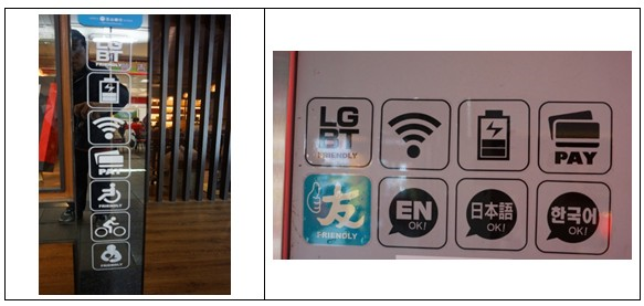 旅客可以透過友善店家店門口或店內的貼紙，來辨別各個店家各自提供了哪些服務，供全球旅客方便使用。
