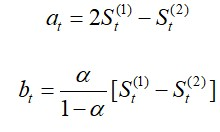 式中，St(1)為一次指數平滑值，St(2)為二次指數平滑值，Dt=第t期的需求量（實際值），α是平滑係數（0<α<1）。