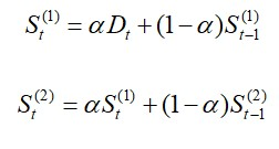 式中，St(1)為一次指數平滑值，St(2)為二次指數平滑值，Dt=第t期的需求量（實際值），α是平滑係數（0<α<1）。
