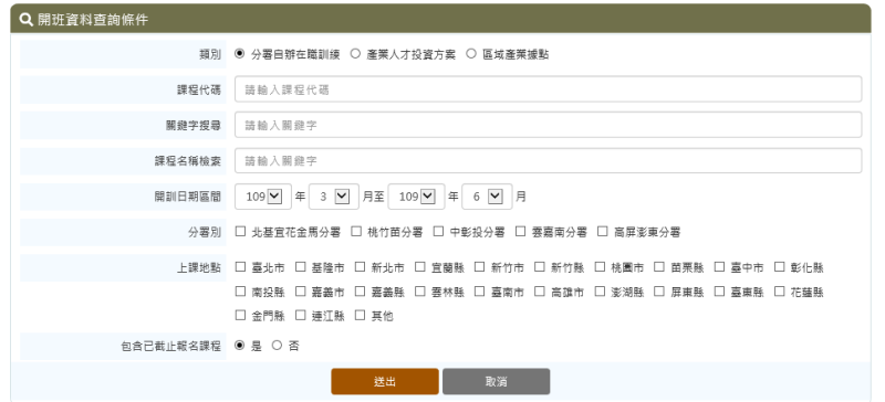 就關鍵字及要找尋的開訓日期區間、想要上課的地點進行勾選後，點選送出查詢即可
