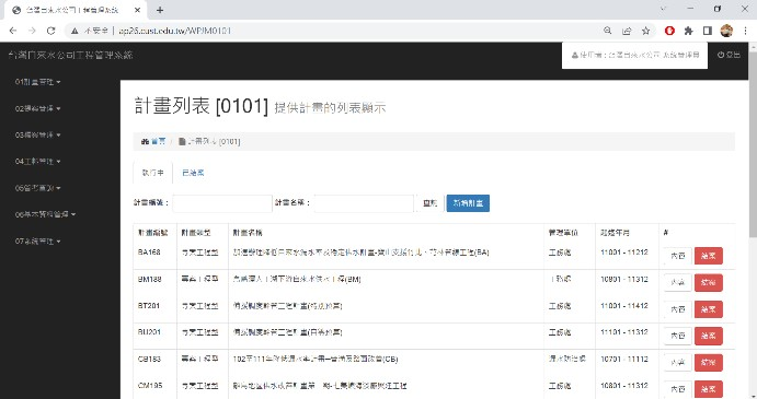NWCals計畫管理功能模組畫面