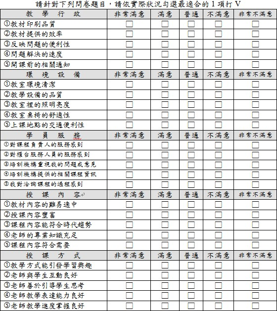 階層一、二的綜合學習成效評估通用問卷範例